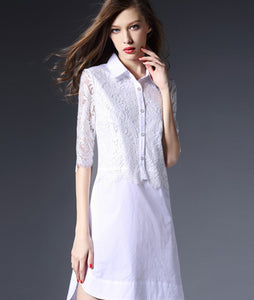 OEM/ODM Low MOQ  fashion women scallop lace half sleeves summer sexy office lady white shirt dress