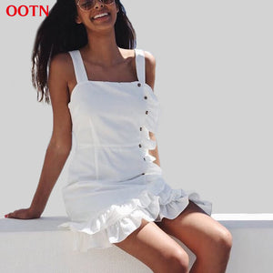 OOTN 2019 Irregular Beach Summer Female Casual Short Dresses Women Strap Sleeveless Sundress Button Down White Ruffle Mini Dress