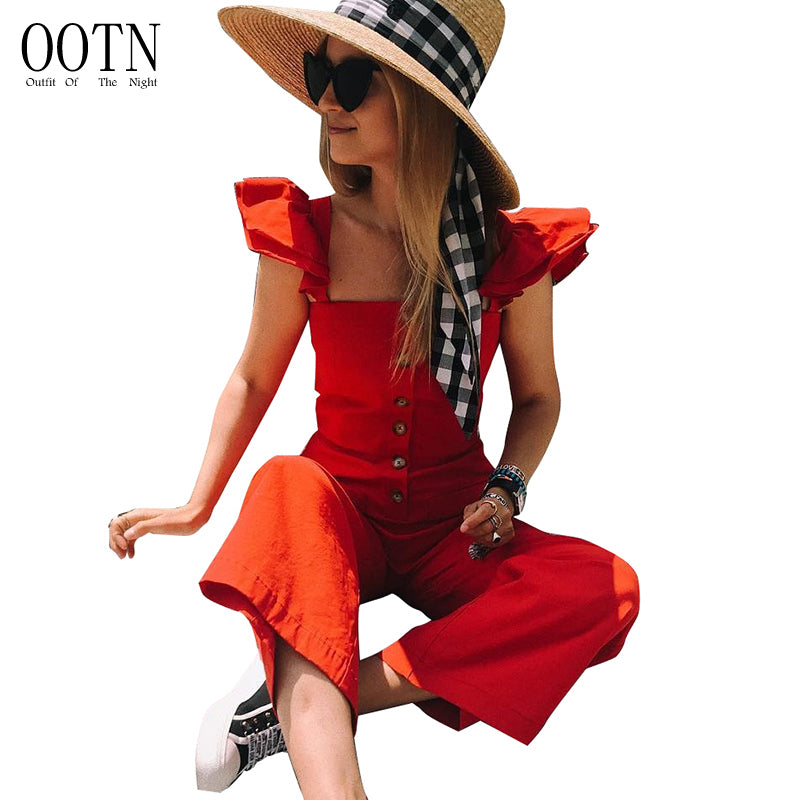 OOTN Ladies Office Casual Tops Female Red Overalls, Ruffle Sleeveless Long Jumpsuits Summer Rompers, Sleeveless Jumpsuits Women