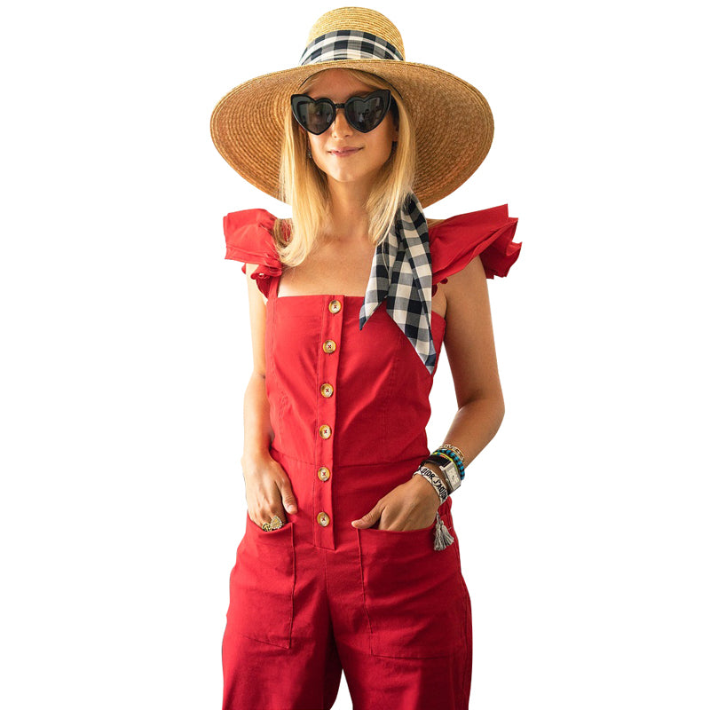 OOTN Ladies Office Casual Tops Female Red Overalls, Ruffle Sleeveless Long Jumpsuits Summer Rompers, Sleeveless Jumpsuits Women