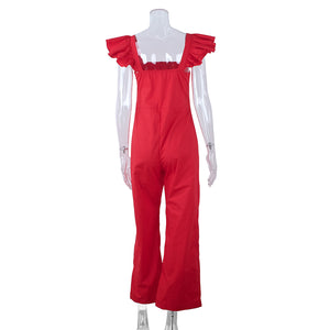 OOTN Ladies Office Casual Tops Female Red Overalls, Ruffle Sleeveless Long Jumpsuits Summer Rompers, Sleeveless Jumpsuits Women