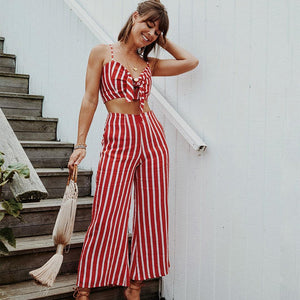 OOTN Tank Top Camis Loose Trousers 2 Piece Sets Burgundy Red Striped Women Strap Crop Top Shirts Wide Leg Pants Two Piece Sets