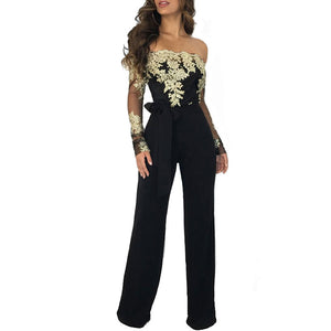 Off Shoulder Guipure Lace Tie Waist Womens Jumpsuit