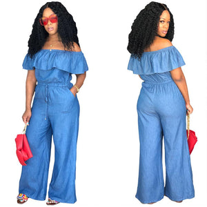 Off Shoulder Slash NECK Ruffle Jeans Denim Jumpsuit Loose 2018 Women's Fashion Playsuit Romper