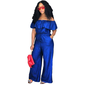 Off Shoulder Slash NECK Ruffle Jeans Denim Jumpsuit Loose 2018 Women's Fashion Playsuit Romper