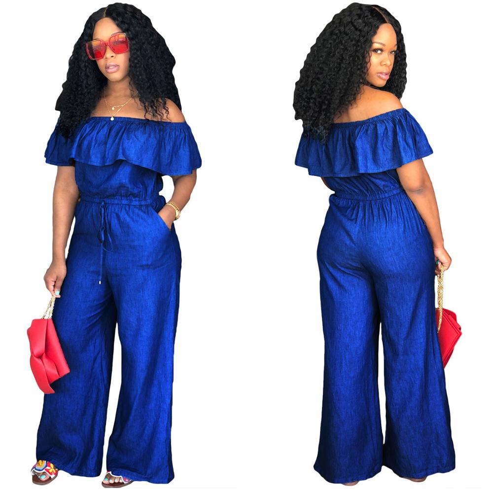 Off Shoulder Slash NECK Ruffle Jeans Denim Jumpsuit Loose 2018 Women's Fashion Playsuit Romper