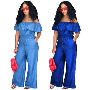 Off Shoulder Slash NECK Ruffle Jeans Denim Jumpsuit Loose 2018 Women's Fashion Playsuit Romper