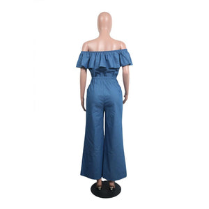 Off Shoulder Slash NECK Ruffle Jeans Denim Jumpsuit Loose 2018 Women's Fashion Playsuit Romper