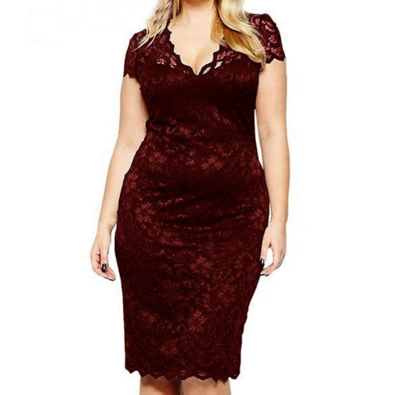 Plus Big Large Size 5XL Vestidos Scalloped V-neck Lace Career Office Ladies Midi Party Dress