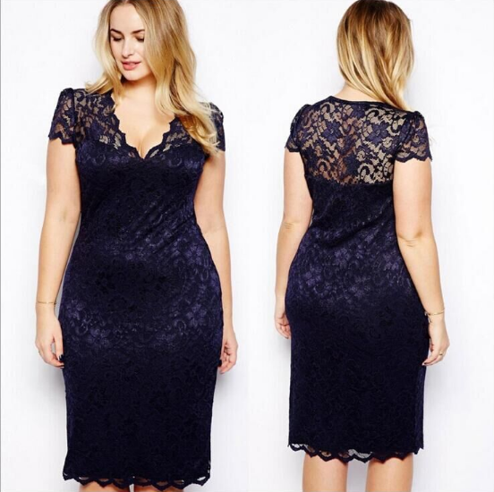 Plus Big Large Size 5XL Vestidos Scalloped V-neck Lace Career Office Ladies Midi Party Dress