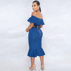 Plus size 2019  New Summer Fit Slash neck Jeans  Casual Sleeveless ladies elegant Denim Dresses