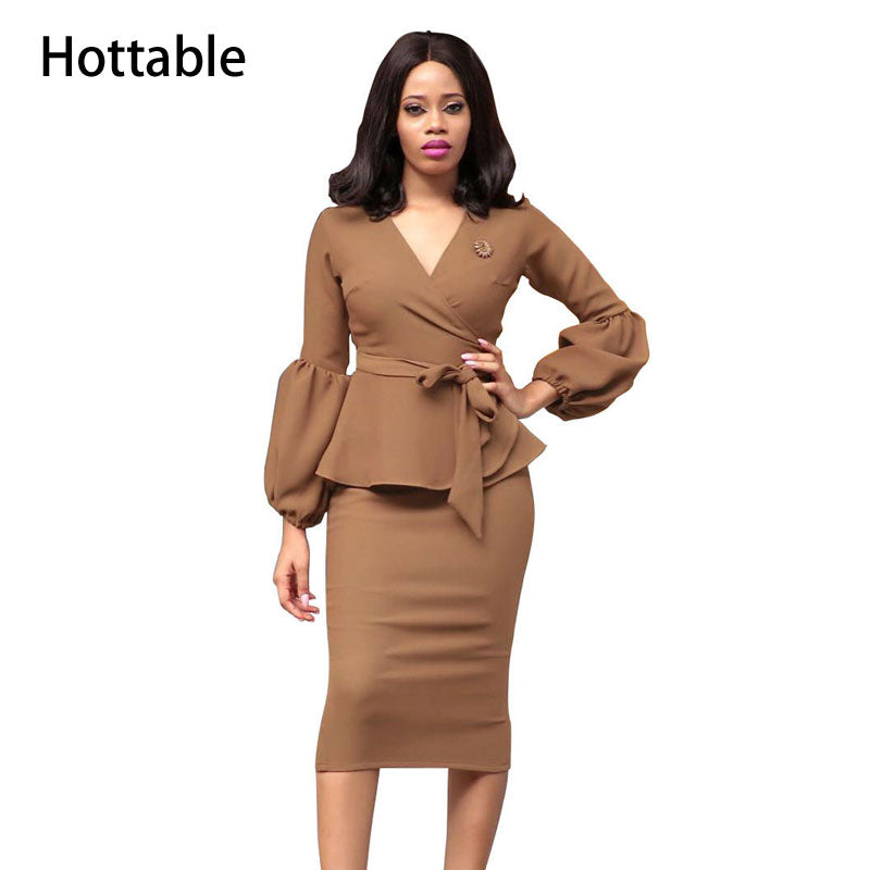 Puff Long Sleeve Bodycon Office Hip Package Pencil Midi Dresses A327