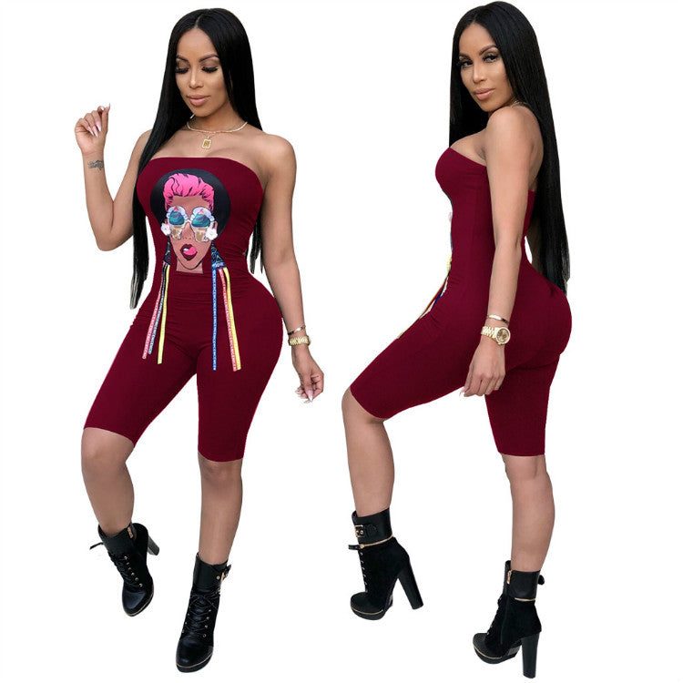 QM3458  Trendy  Women Off Shoulder Corset Jumpsuit Sexy Printed  Female  Jumpsuit