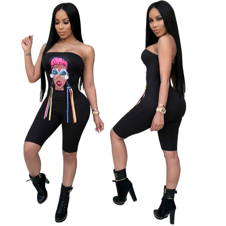 QM3458  Trendy  Women Off Shoulder Corset Jumpsuit Sexy Printed  Female  Jumpsuit