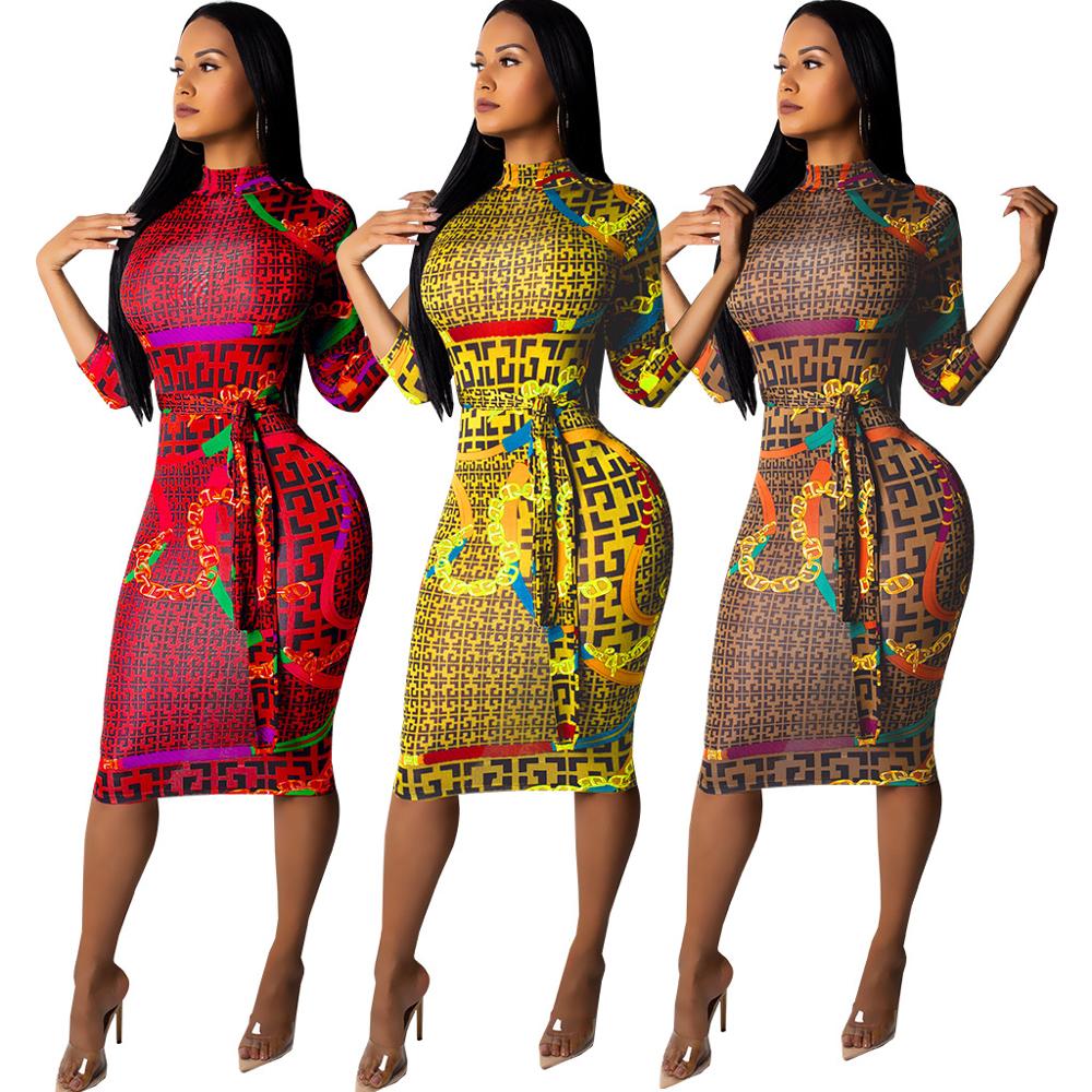 QM3545 women latest sexy printed bandage bodycon bohemian boho dress