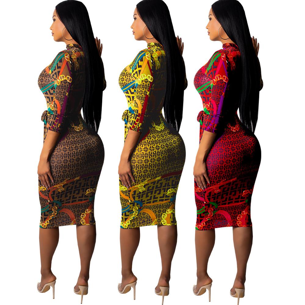 QM3545 women latest sexy printed bandage bodycon bohemian boho dress