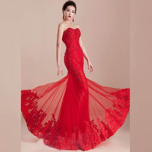 Real Hot sale long evening party trumpet customized plus size mermaid lace red prom dresses MPA368