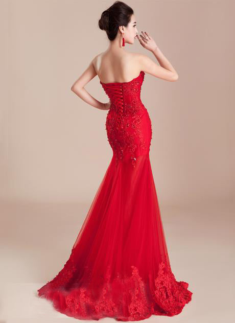 Real Hot sale long evening party trumpet customized plus size mermaid lace red prom dresses MPA368