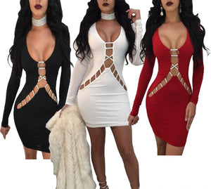 Red White Black Fashion Sexy Hollow Out Bodycon Dress Party Club Women Rhinestone Neck Mini Dress ELD536