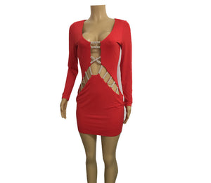 Red White Black Fashion Sexy Hollow Out Bodycon Dress Party Club Women Rhinestone Neck Mini Dress ELD536