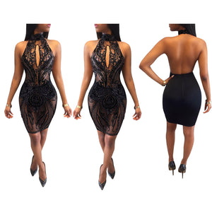 SAK8380 mesh gauze sequined backless transparent sexy black night club wear dress for women