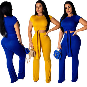 SAYM8361 fashion  short sleeve crop top and wide leg pants women matching two piece set