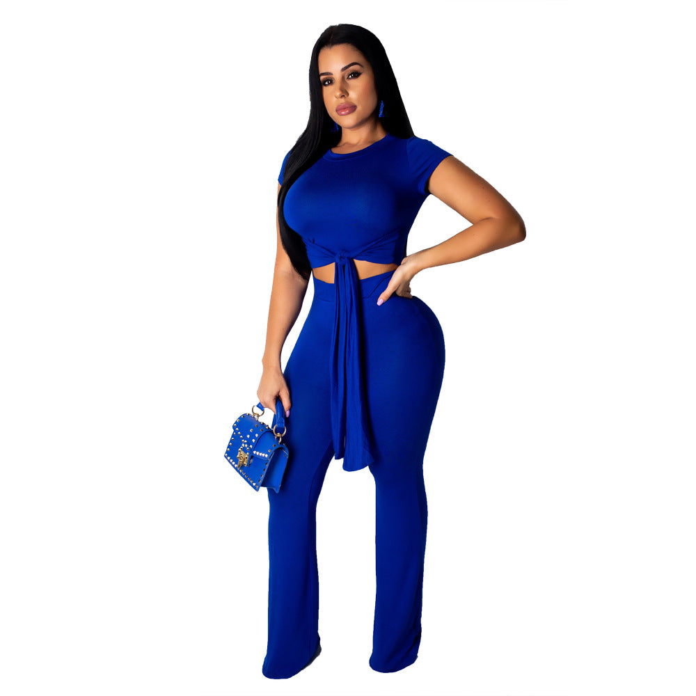 SAYM8361 fashion  short sleeve crop top and wide leg pants women matching two piece set