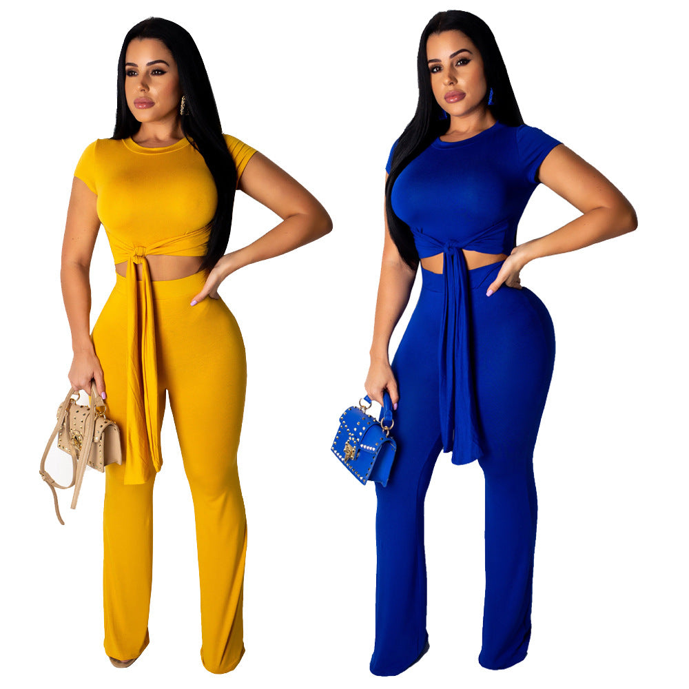 SAYM8361 fashion  short sleeve crop top and wide leg pants women matching two piece set