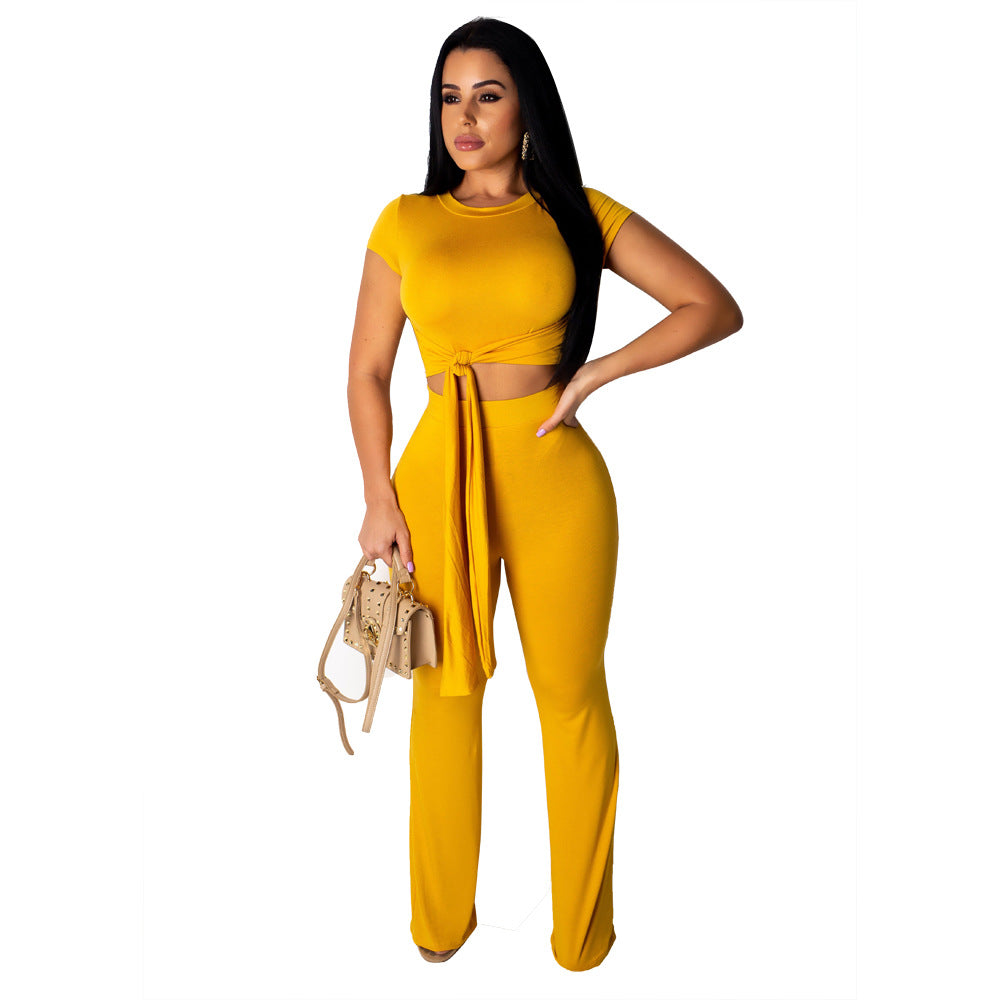 SAYM8361 fashion  short sleeve crop top and wide leg pants women matching two piece set