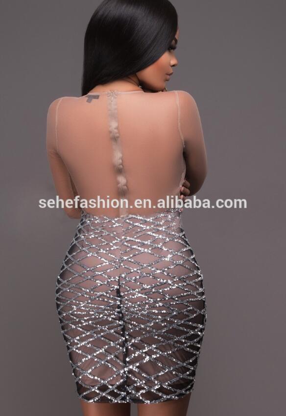 SM17277 Sexy club clothes factory price wholesale african sexy mesh sequins party club dress for women