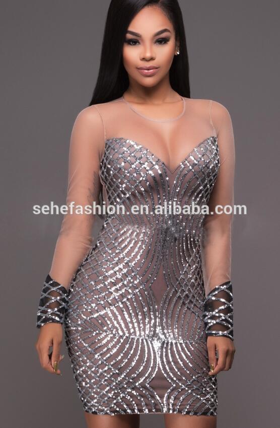 SM17277 Sexy club clothes factory price wholesale african sexy mesh sequins party club dress for women