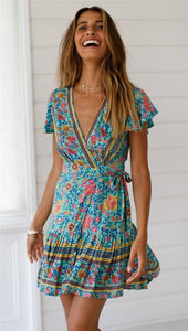 Sexy Ruffled Dresses Women Summer Ladies Bohemian V Neck Printed Dress