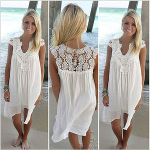 Sexy openwork crochet stitching Sleeveless Lace Vest Chiffon Dress