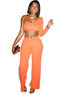 Sexy orange solid one shoulder crop top and wide leg pants asymmetry sleeves women two piece set