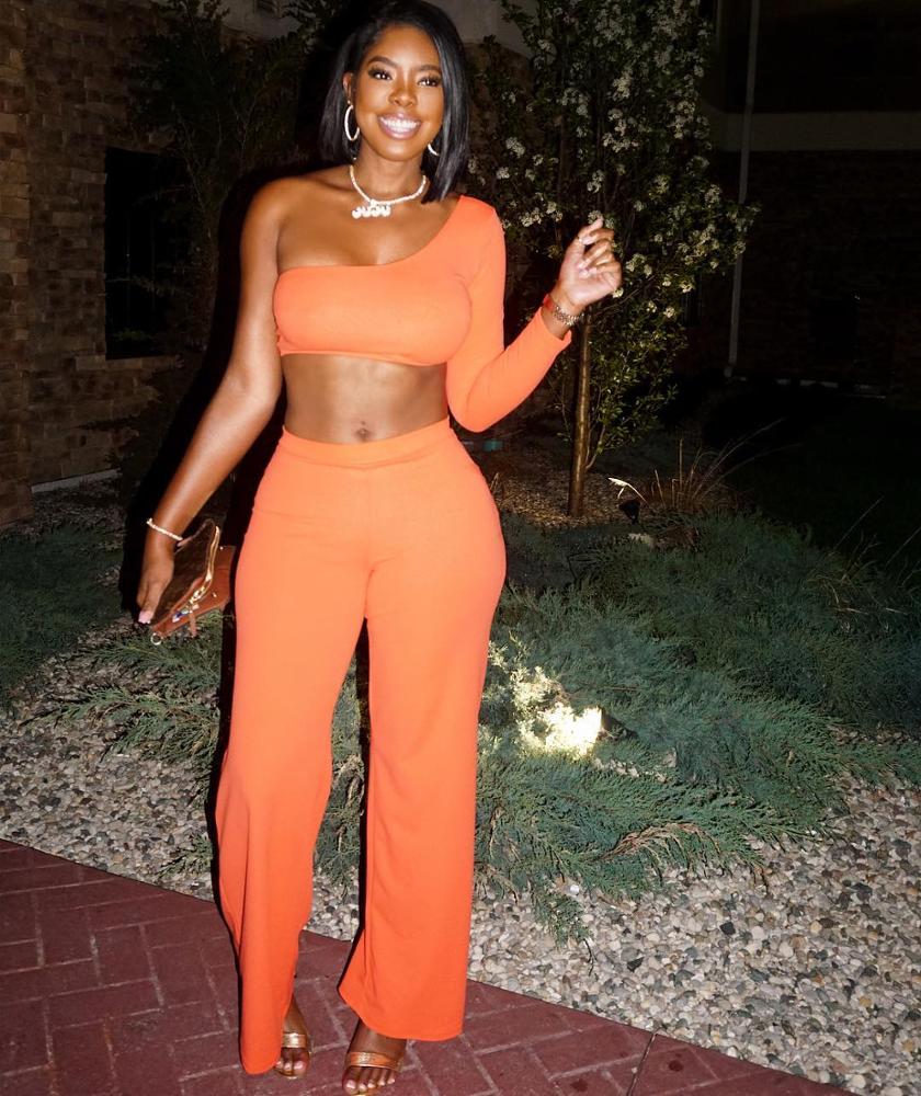 Sexy orange solid one shoulder crop top and wide leg pants asymmetry sleeves women two piece set