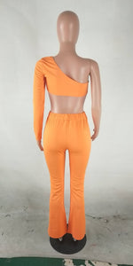 Sexy orange solid one shoulder crop top and wide leg pants asymmetry sleeves women two piece set