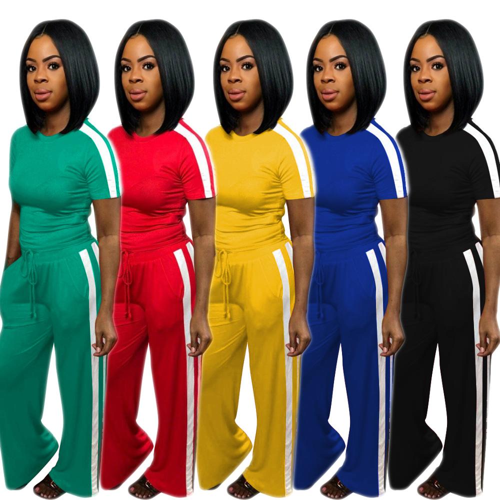 Short Sleeve stripe patchwork Colour two piece Set Casual Tops With trousers women two piece clothing Wide leg trousers