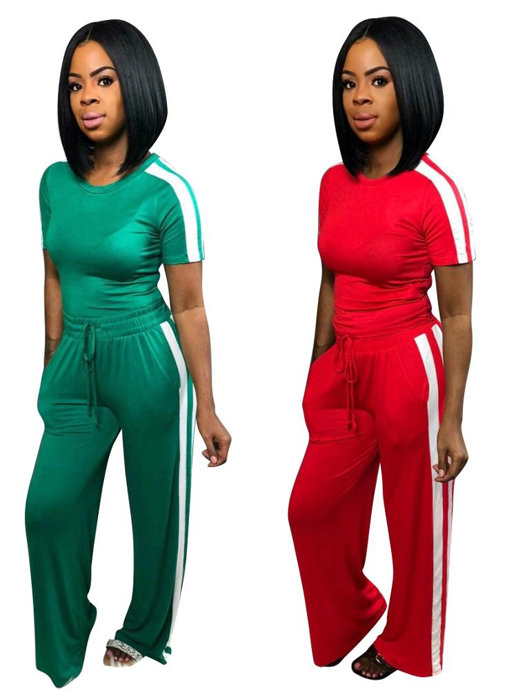 Short Sleeve stripe patchwork Colour two piece Set Casual Tops With trousers women two piece clothing Wide leg trousers