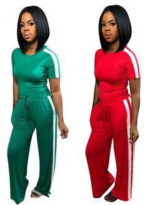 Short Sleeve stripe patchwork Colour two piece Set Casual Tops With trousers women two piece clothing Wide leg trousers