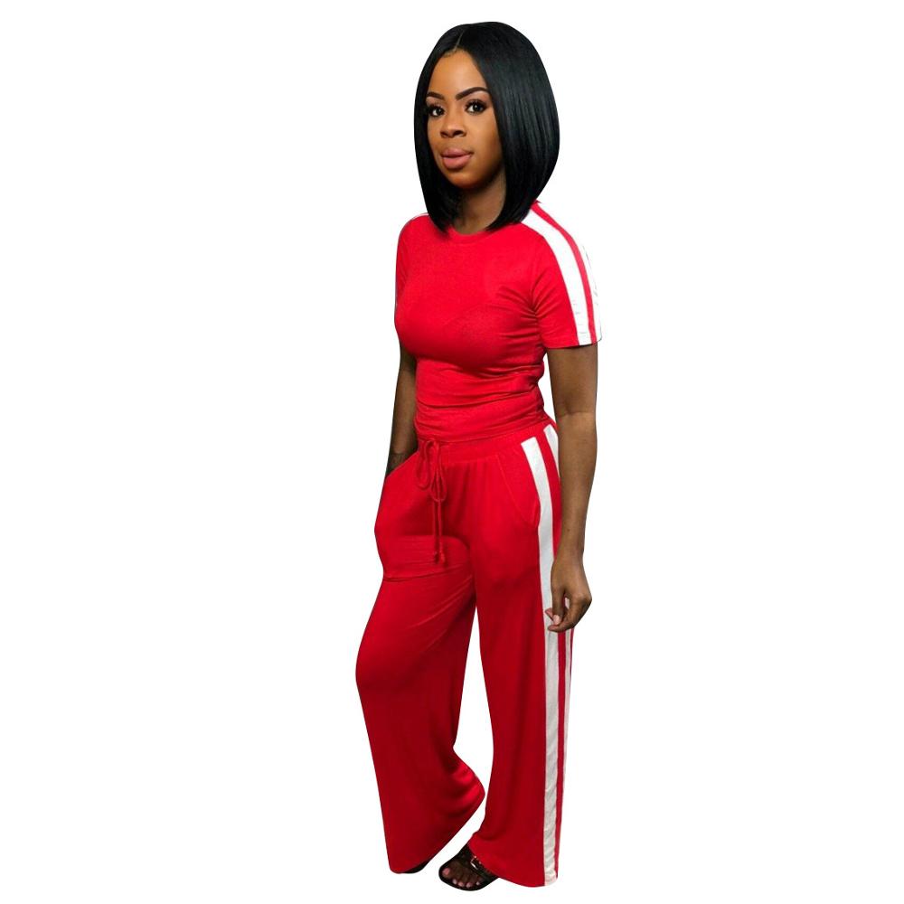 Short Sleeve stripe patchwork Colour two piece Set Casual Tops With trousers women two piece clothing Wide leg trousers