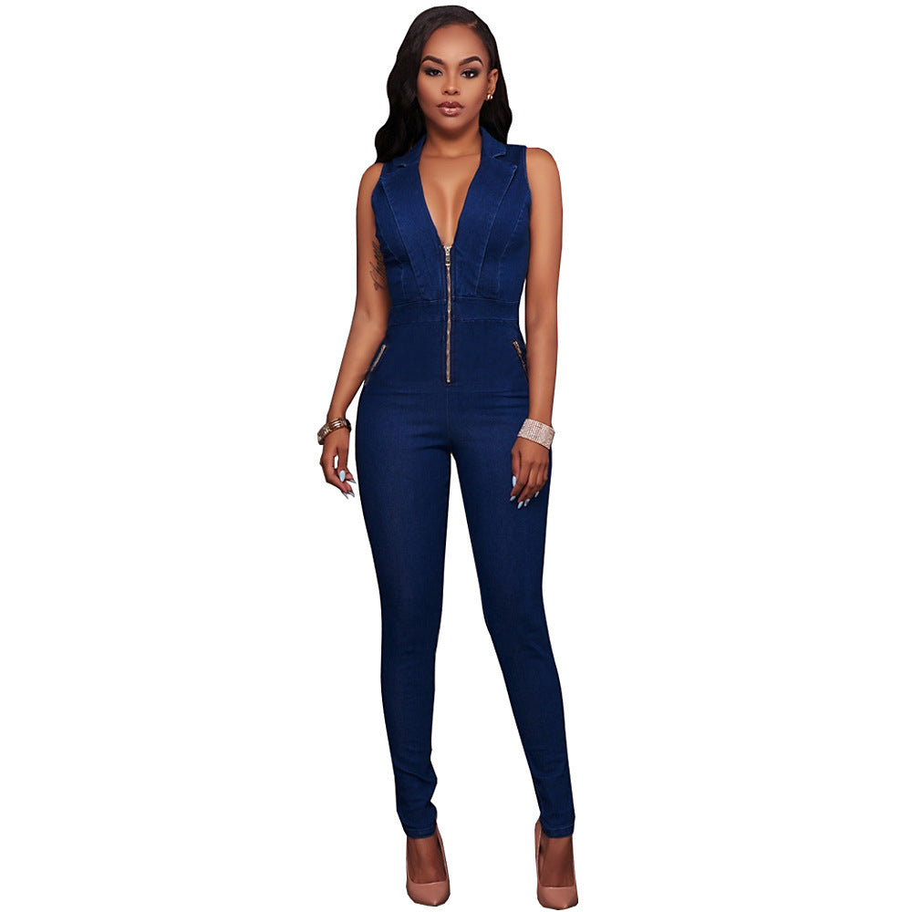 Sleeveless Jumpsuit Jeans Sexy Bodysuit Women Denim Overalls Pants Ladies Zip Rompers Womens Jumpsuits Y10846