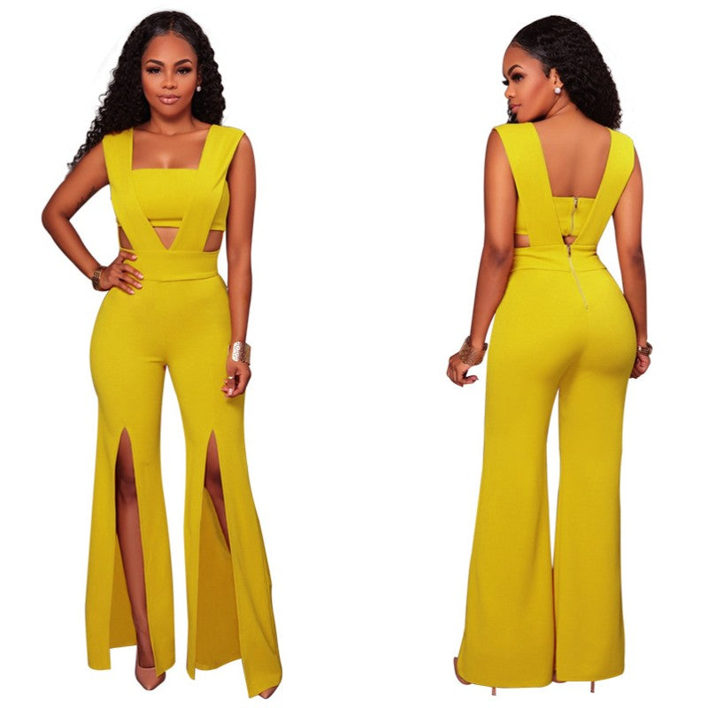 Slit Fashion Sexy Long Jumpsuit Ladies Party Strapless Wide Leg Romper Overall Playsuit Elegant Sleeveless Jumpsuit Formal E4061