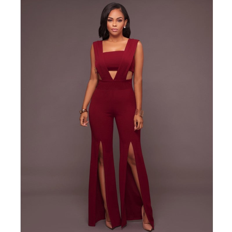 Slit Fashion Sexy Long Jumpsuit Ladies Party Strapless Wide Leg Romper Overall Playsuit Elegant Sleeveless Jumpsuit Formal E4061