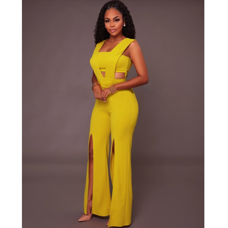 Slit Fashion Sexy Long Jumpsuit Ladies Party Strapless Wide Leg Romper Overall Playsuit Elegant Sleeveless Jumpsuit Formal E4061