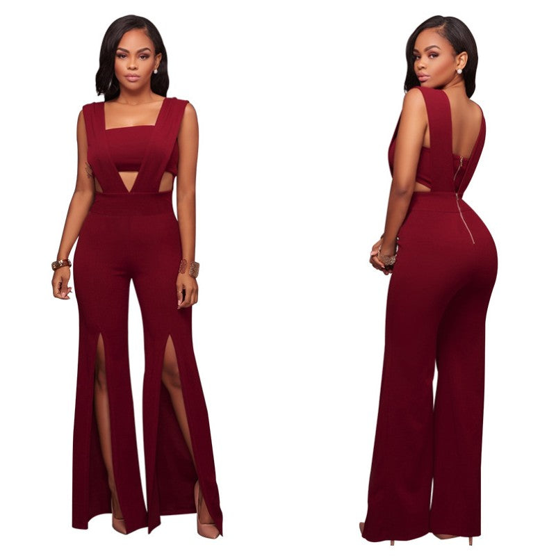 Slit Fashion Sexy Long Jumpsuit Ladies Party Strapless Wide Leg Romper Overall Playsuit Elegant Sleeveless Jumpsuit Formal E4061