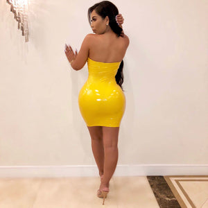 Strapless Zipper Front  Sexy Pu Tight Bodycon Mini Club Dress