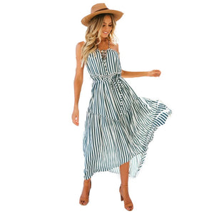 Strapless print striped sling bohemian dresses women party chiffon dress bandage maxi dress