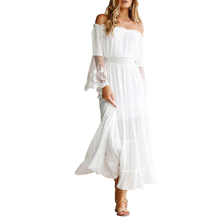 Summer 2019 Woman Dress Sexy Off Shoulder Long Sleeve Maxi White Lace Dresses