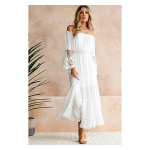 Summer 2019 Woman Dress Sexy Off Shoulder Long Sleeve Maxi White Lace Dresses