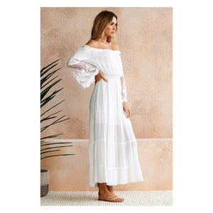 Summer 2019 Woman Dress Sexy Off Shoulder Long Sleeve Maxi White Lace Dresses